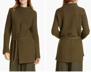 Vince. Tie Front Wool Cashmere Tunic Sweater Small Army Green ribbed mock neck